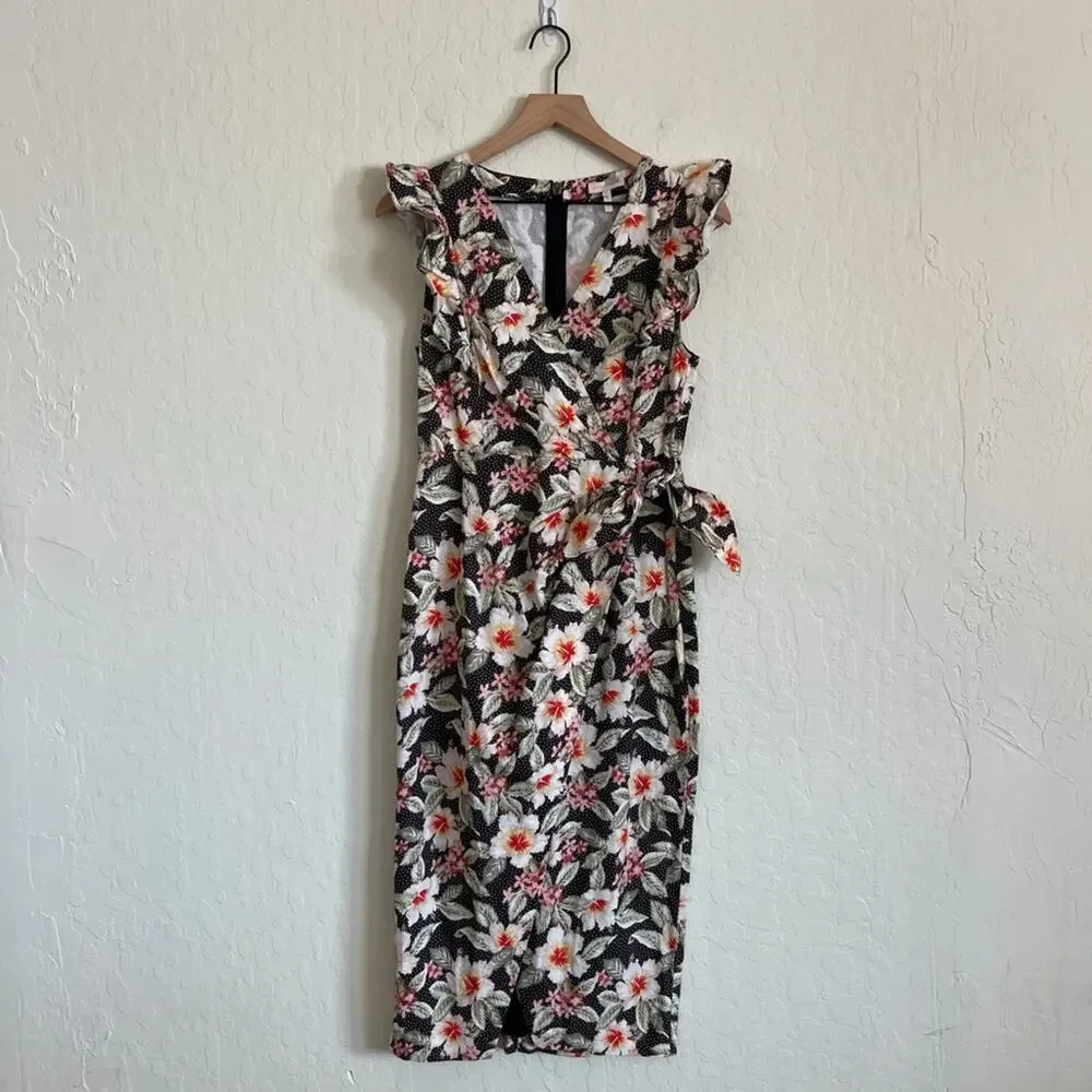 Rebecca Taylor Linen Cotton Kamea Floral Wrap Sleeveless Ruffle Midi Dress 6